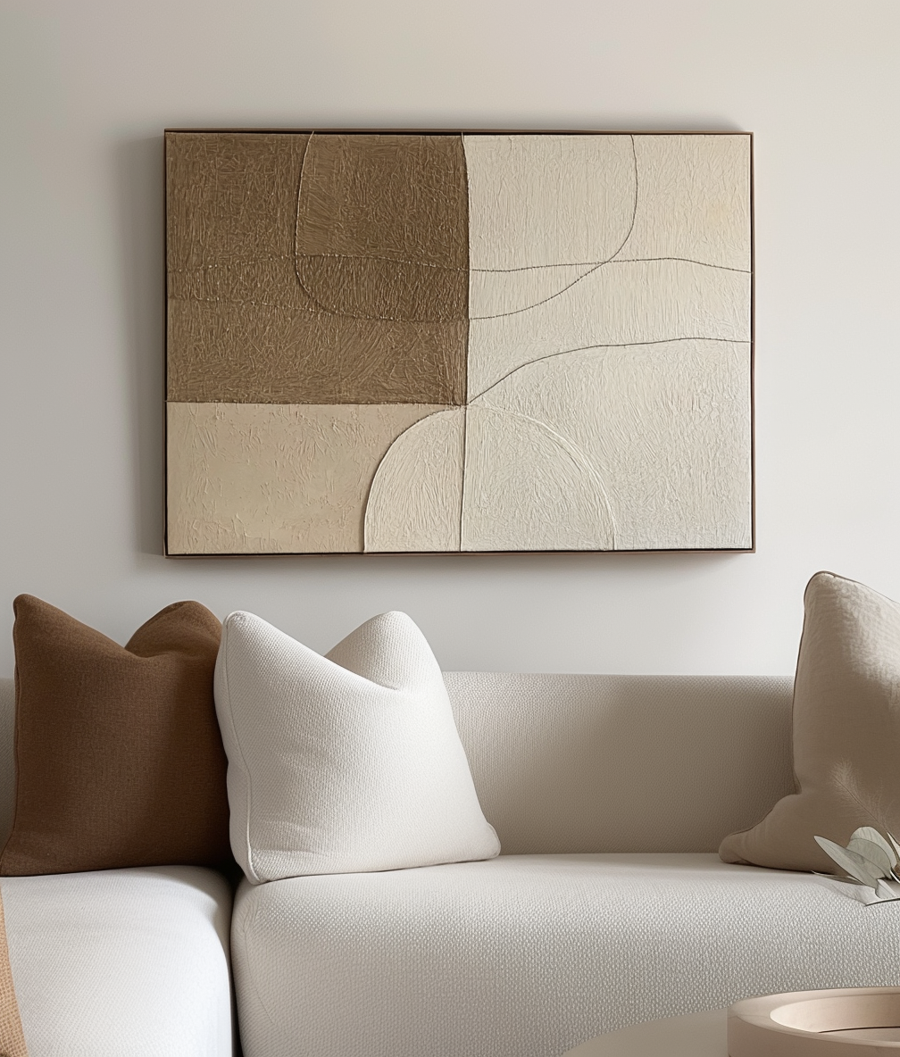 Textured abstract canvas art with neutral tones and minimalist design.