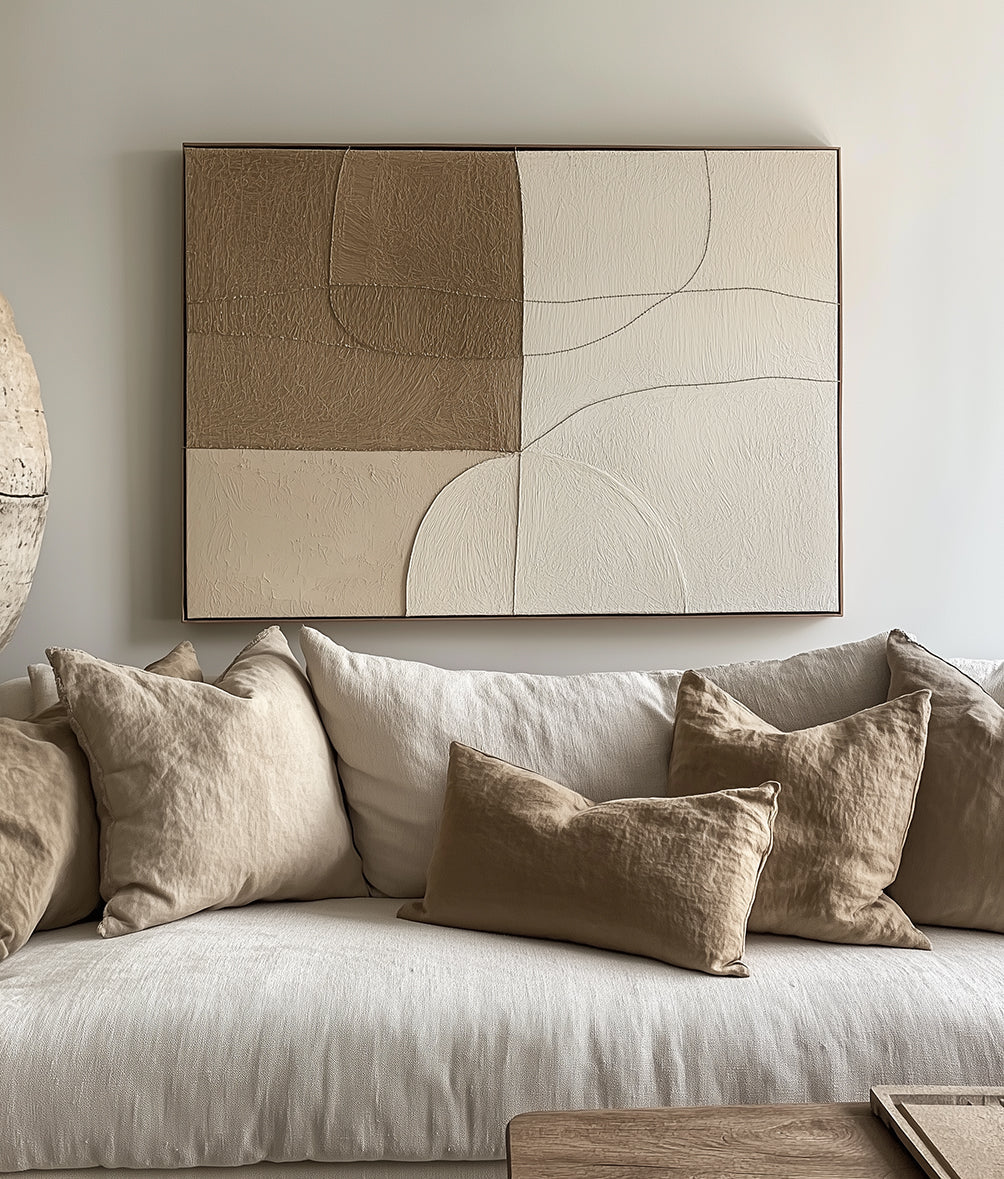 Textured abstract canvas art with neutral tones and minimalist design.