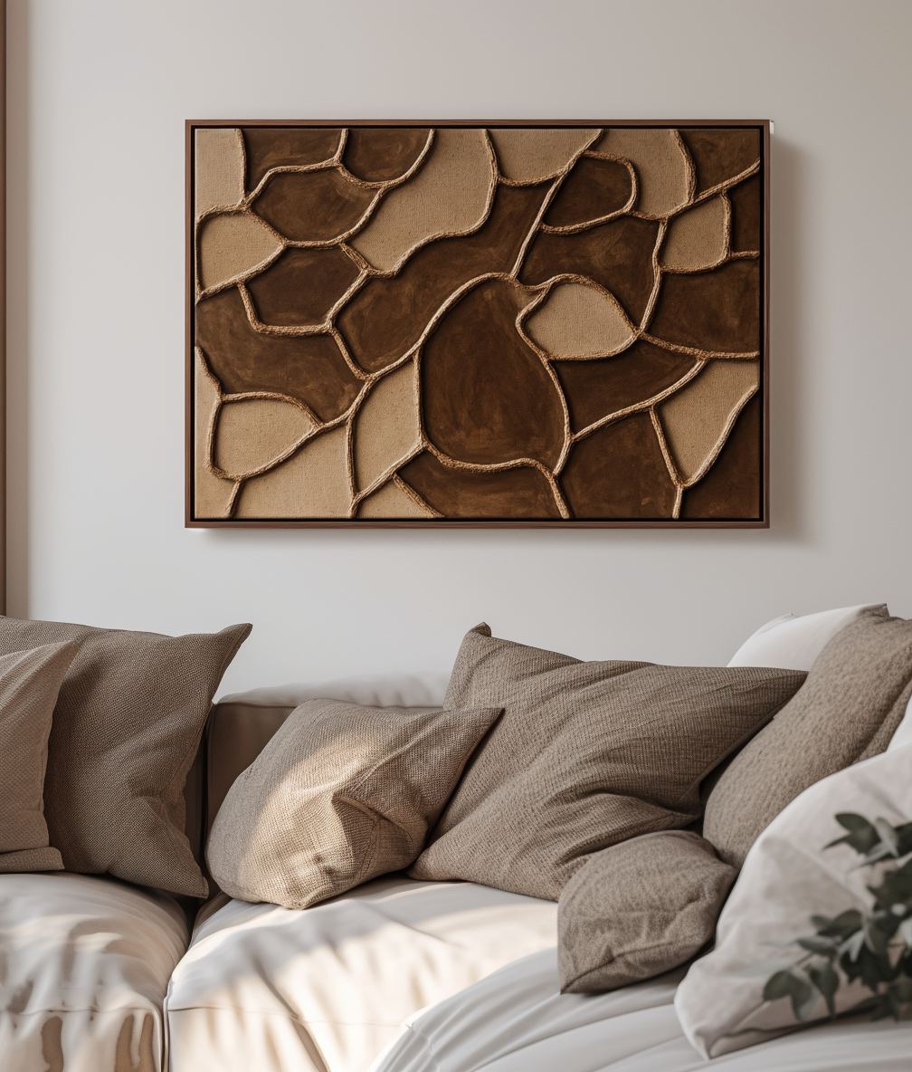 Brown and beige abstract textured wall art with geometric forms.