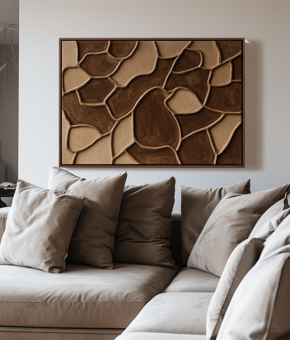 Brown and beige abstract textured wall art with geometric forms.