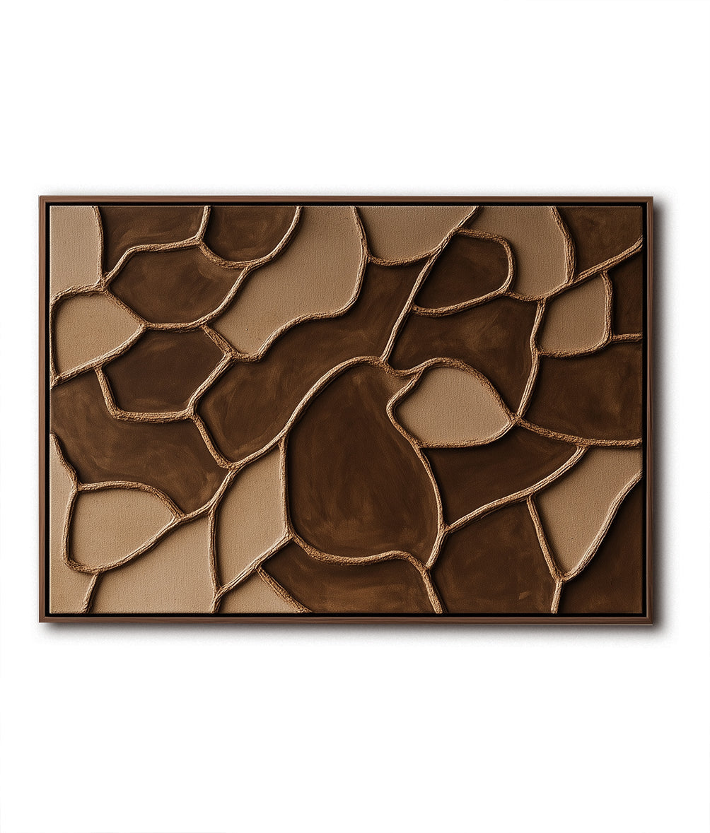 Brown and beige abstract textured wall art with geometric forms.