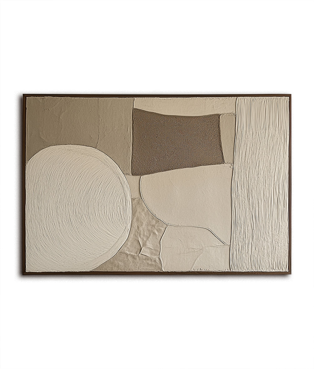 Neutral-toned textured abstract painting with geometric shapes
