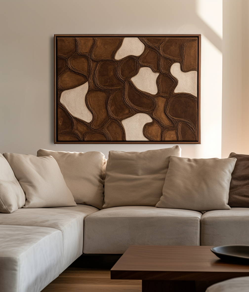 Abstract textured art in brown and beige tones with interconnected shapes
