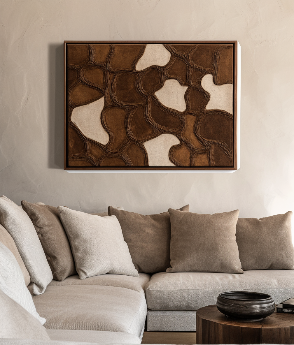 Abstract textured art in brown and beige tones with interconnected shapes