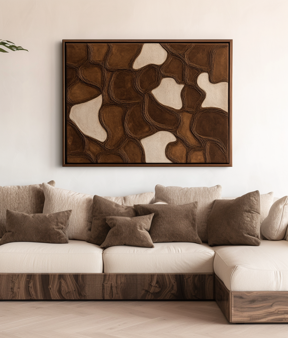 Abstract textured art in brown and beige tones with interconnected shapes
