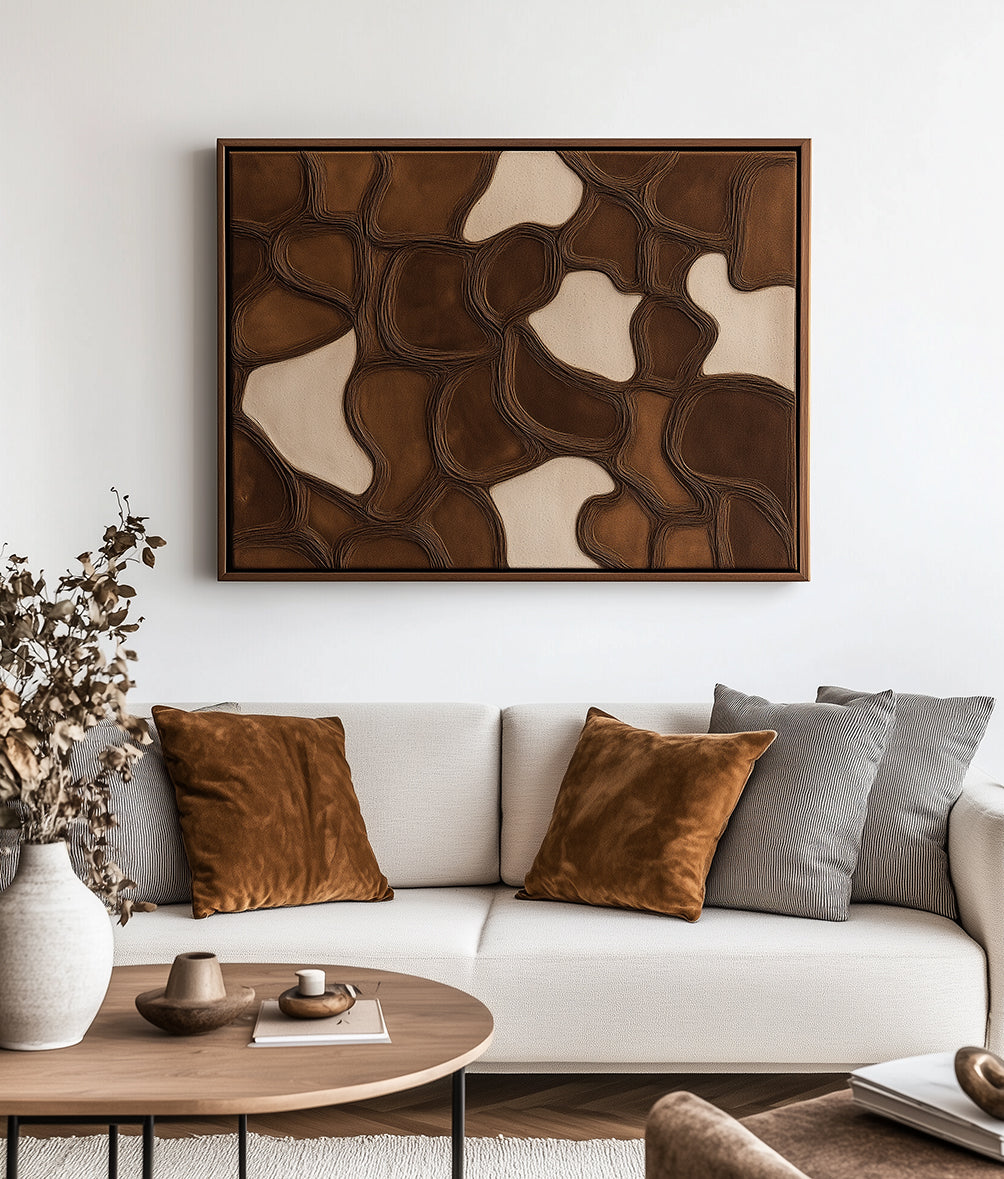 Abstract textured art in brown and beige tones with interconnected shapes
