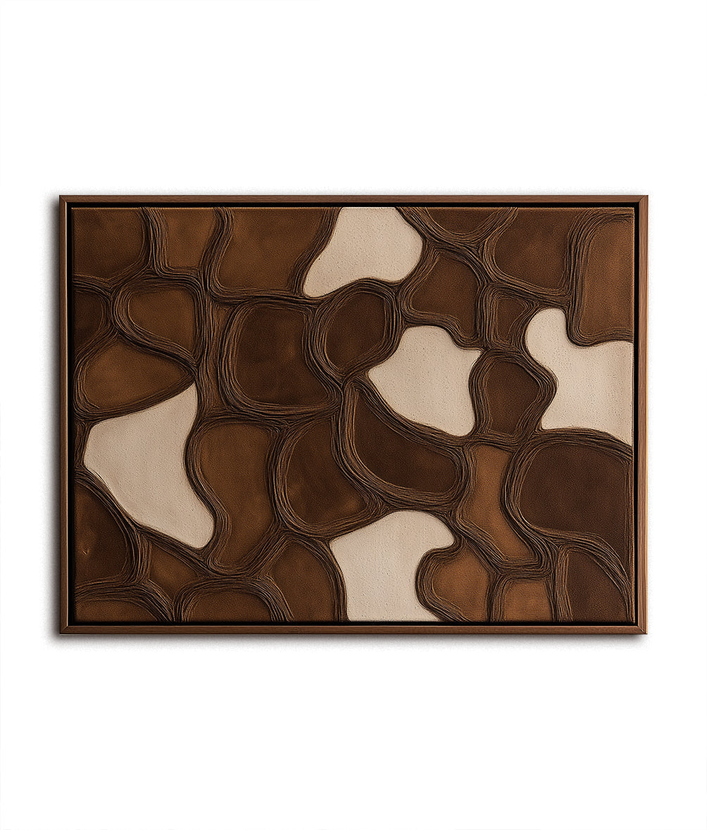 Abstract textured art in brown and beige tones with interconnected shapes