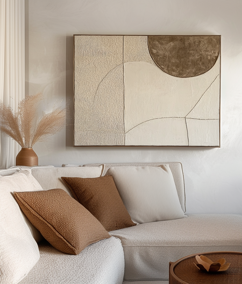 Abstract textured wall art with neutral tones featuring soft curves and clean lines.