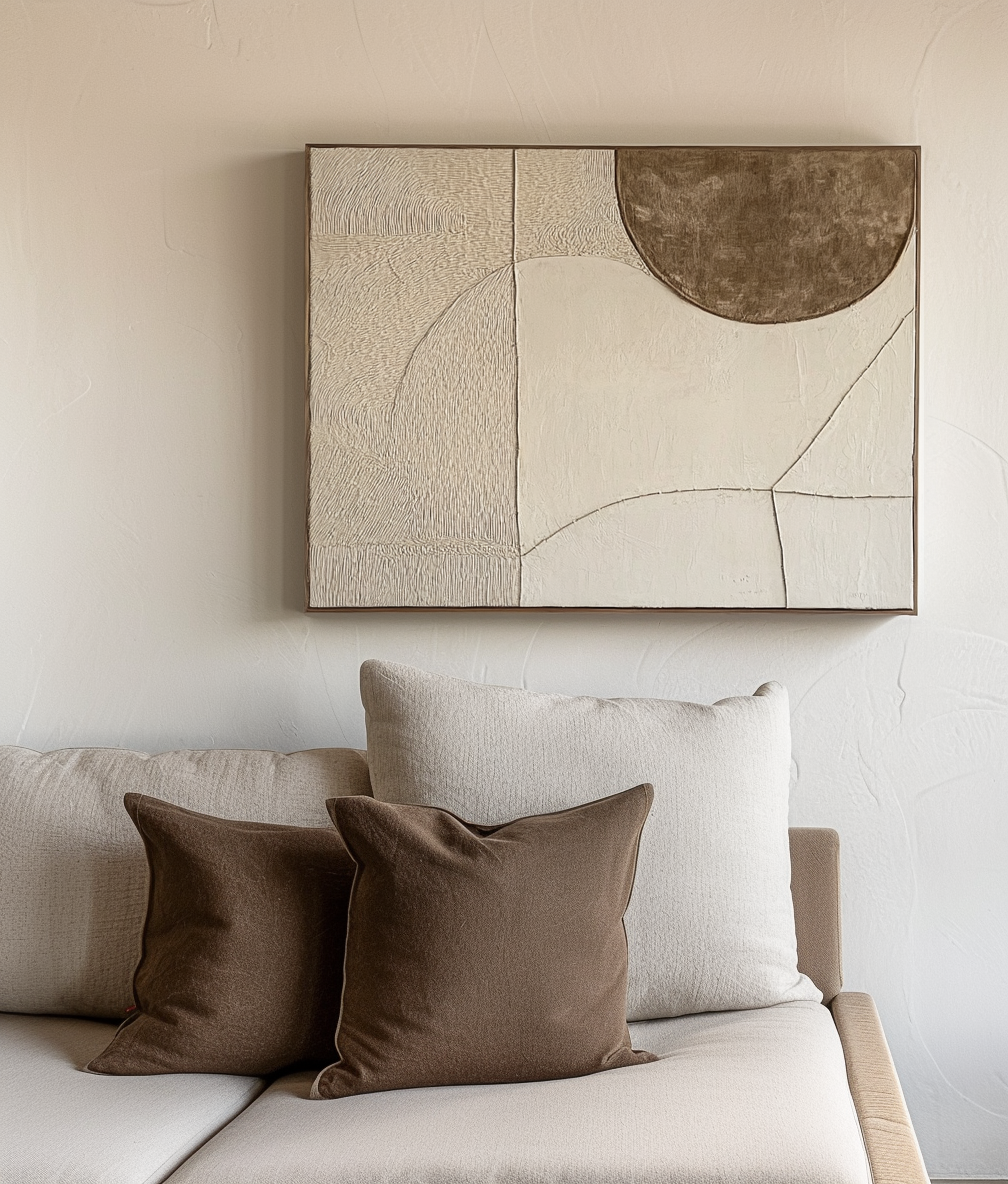 Abstract textured wall art with neutral tones featuring soft curves and clean lines.
