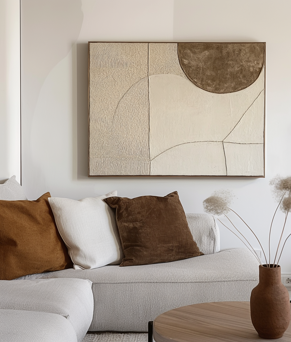 Abstract textured wall art with neutral tones featuring soft curves and clean lines.