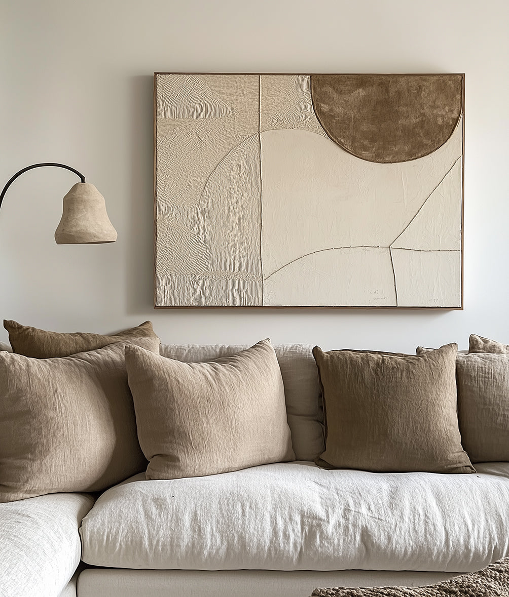 Abstract textured wall art with neutral tones featuring soft curves and clean lines.