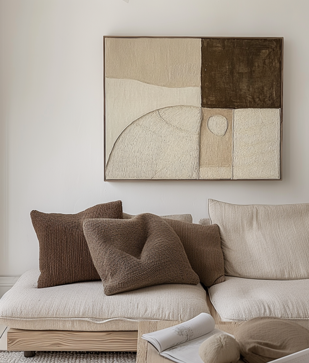 Textured earth tone abstract wall decor with beige, brown, and cream tones.
