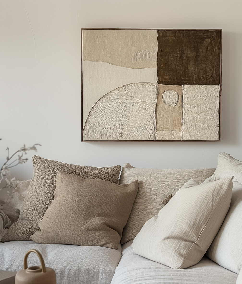 Textured earth tone abstract wall decor with beige, brown, and cream tones.