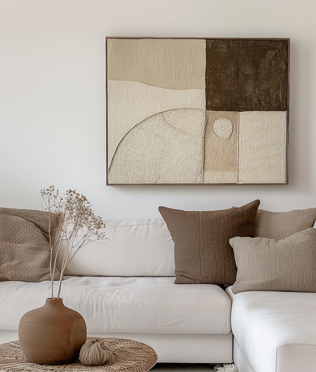 Textured earth tone abstract wall decor with beige, brown, and cream tones.