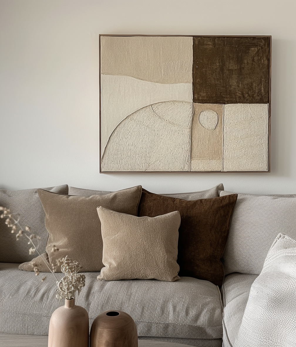 Textured earth tone abstract wall decor with beige, brown, and cream tones.