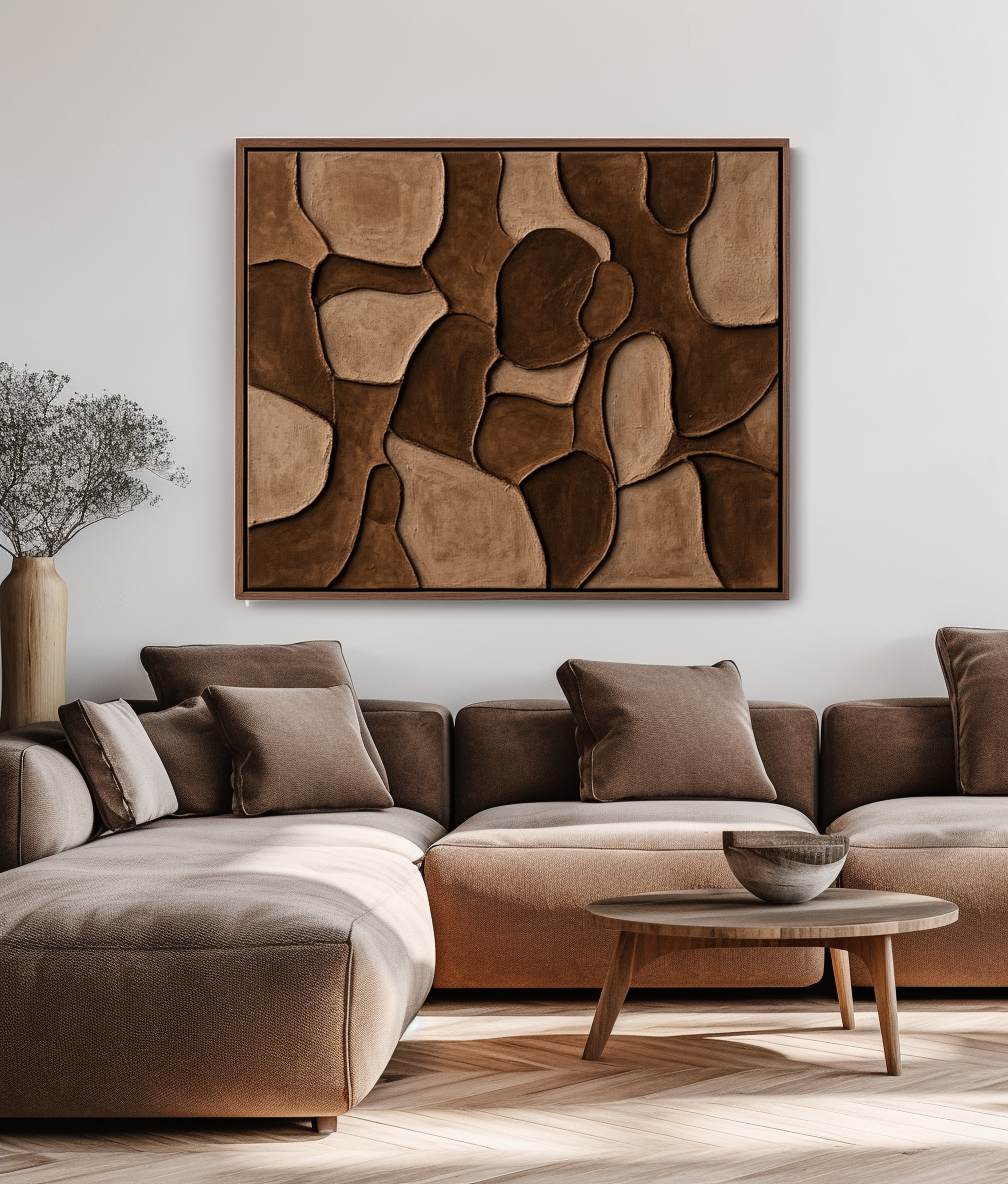 Abstract textured wall art in neutral tones with organic shapes.