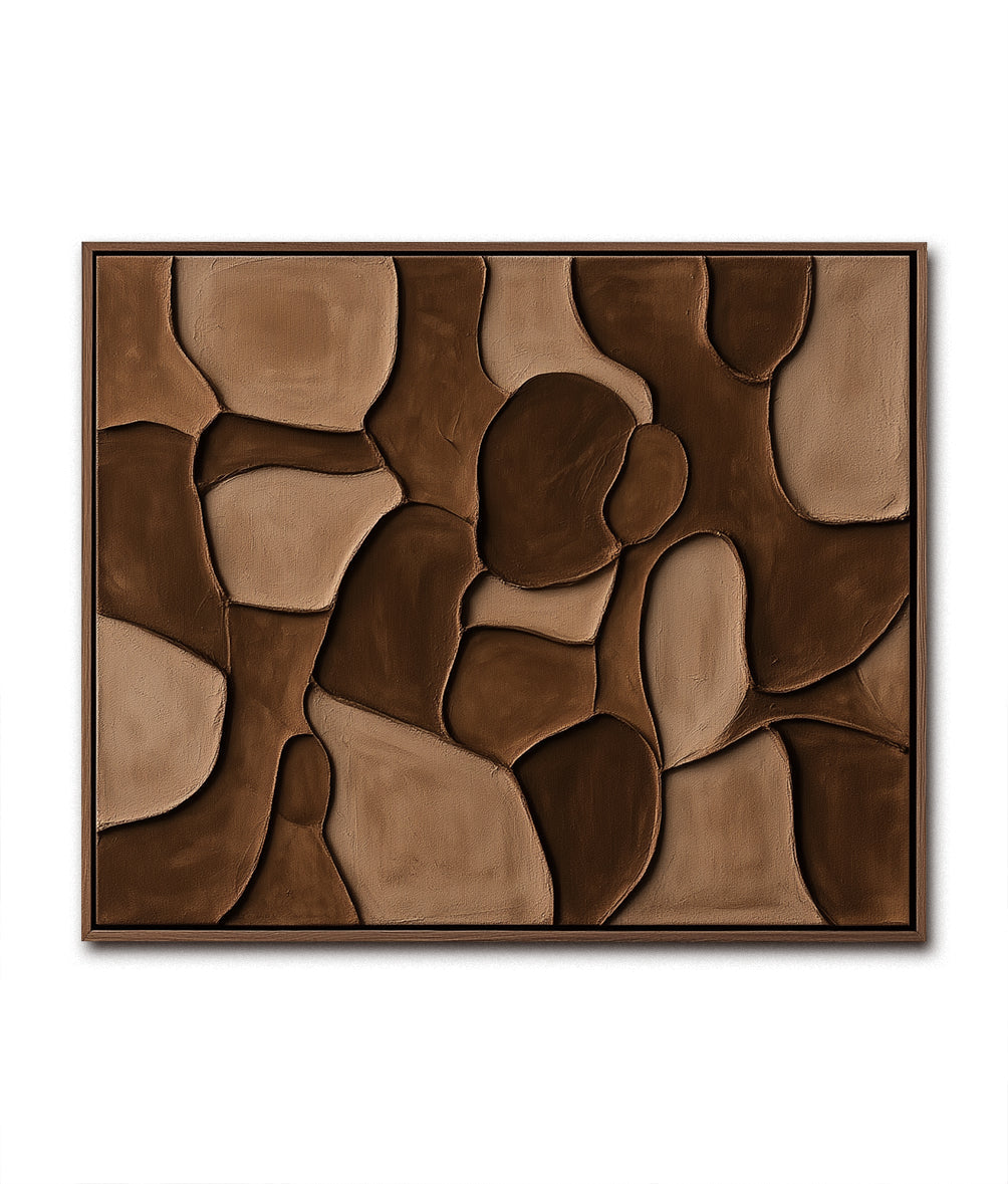 Abstract textured wall art in neutral tones with organic shapes.