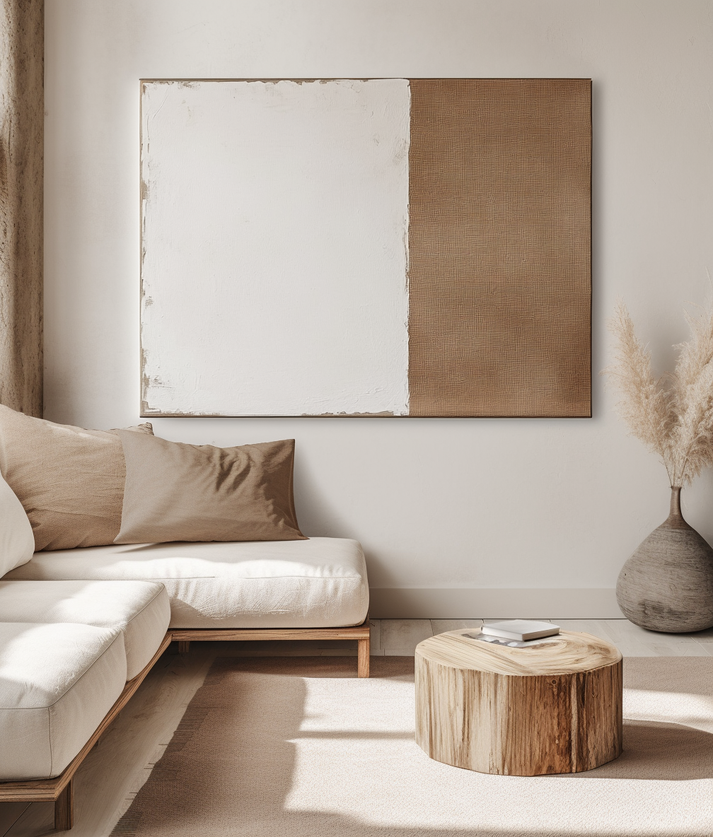 Minimalist textured abstract wall art in neutral tones with white and beige.