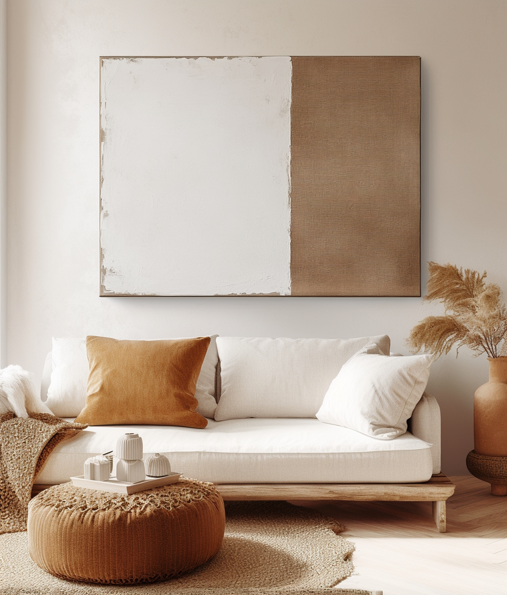 Minimalist textured abstract wall art in neutral tones with white and beige.