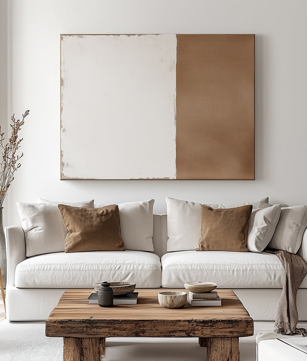 Minimalist textured abstract wall art in neutral tones with white and beige.