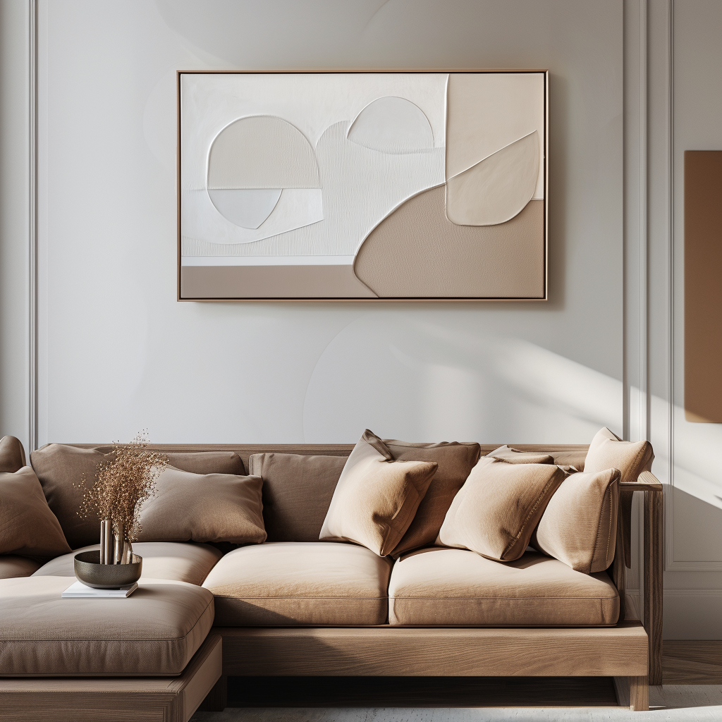 Textured geometric abstract wall art with soft, muted tones, featuring waves and organic shapes for modern interiors.