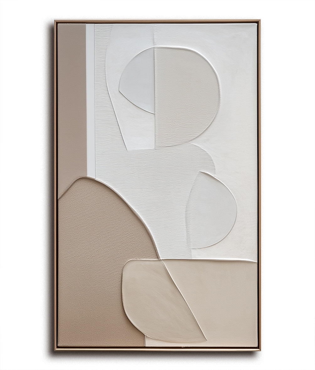 Textured geometric abstract wall art with soft, muted tones, featuring waves and organic shapes for modern interiors.