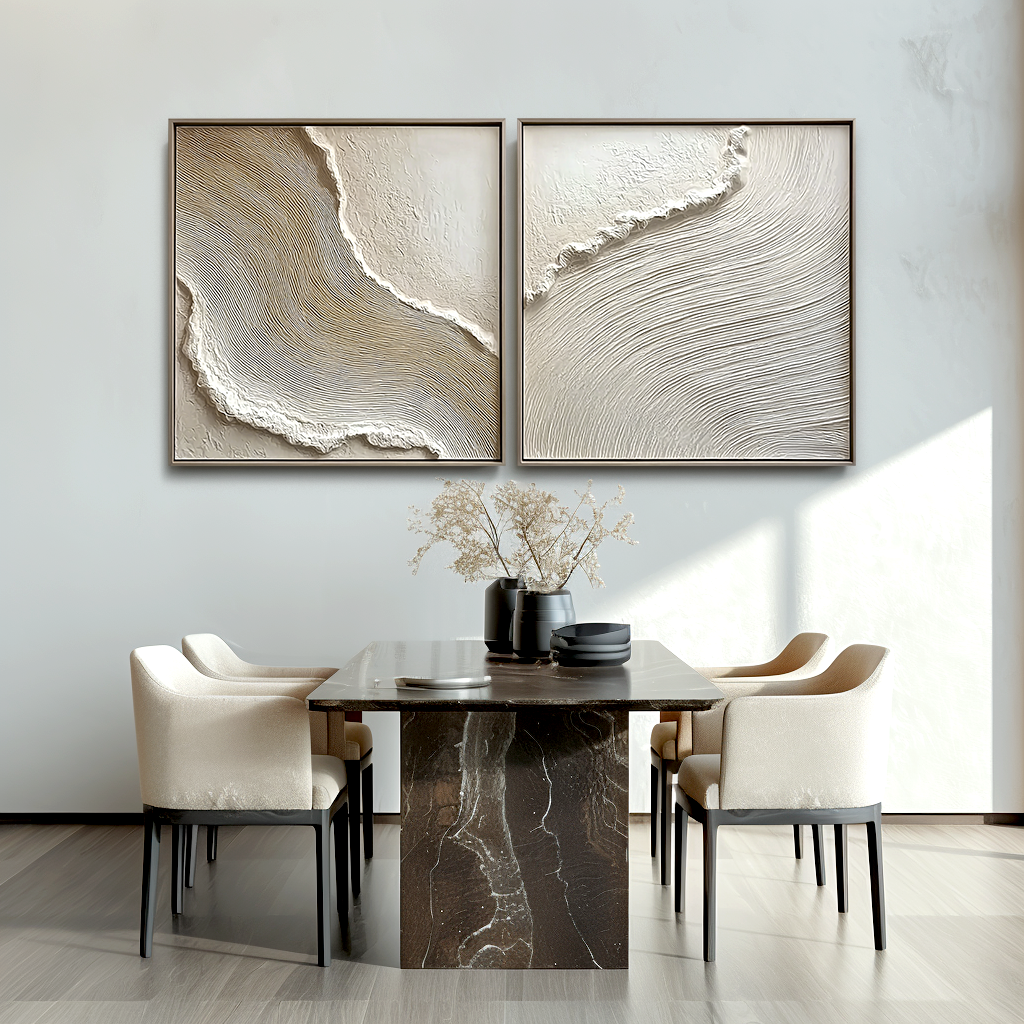 Acousart abstract coastal forest textured canvas wall art diptych in neutral beige tones