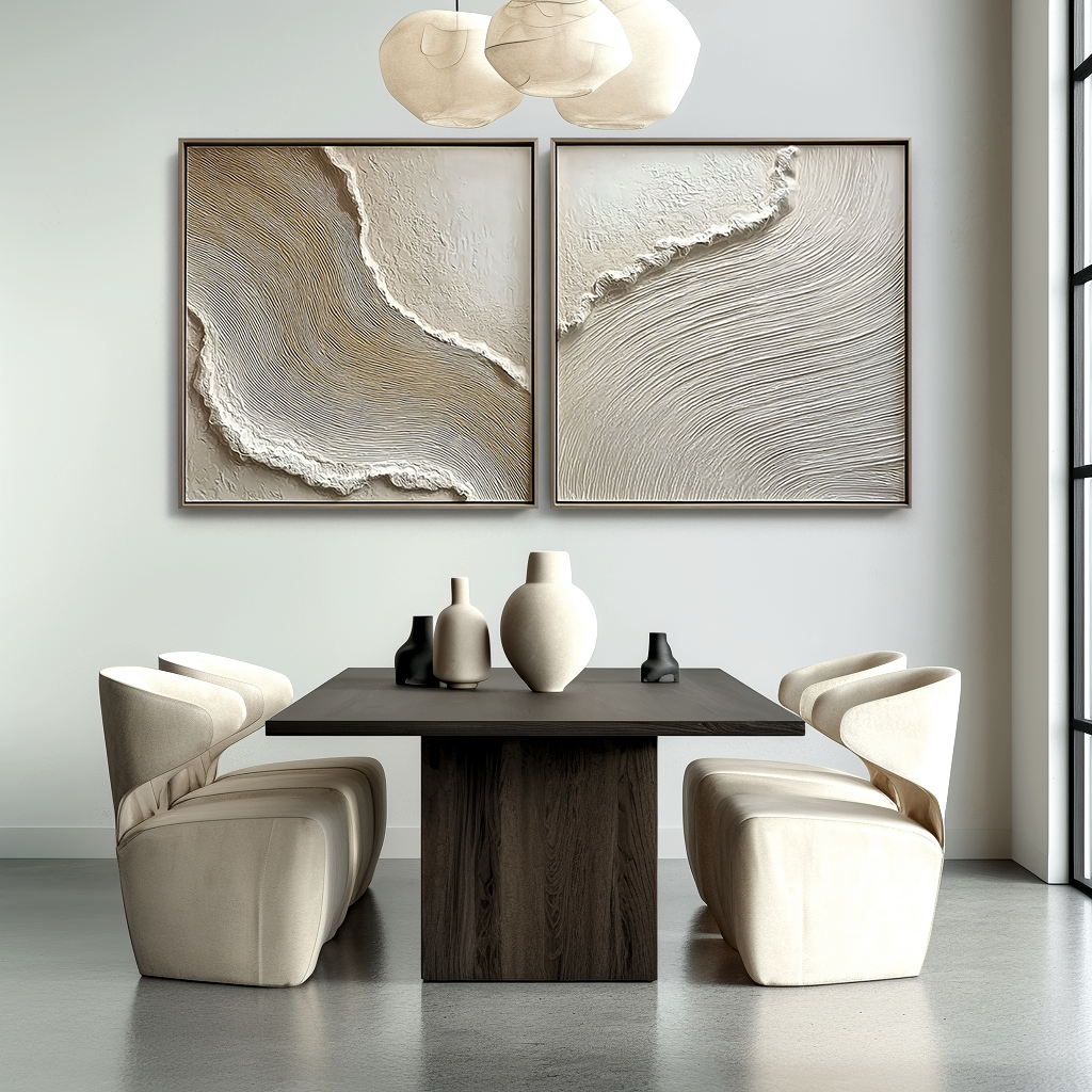 Acousart abstract coastal forest textured canvas wall art diptych in neutral beige tones