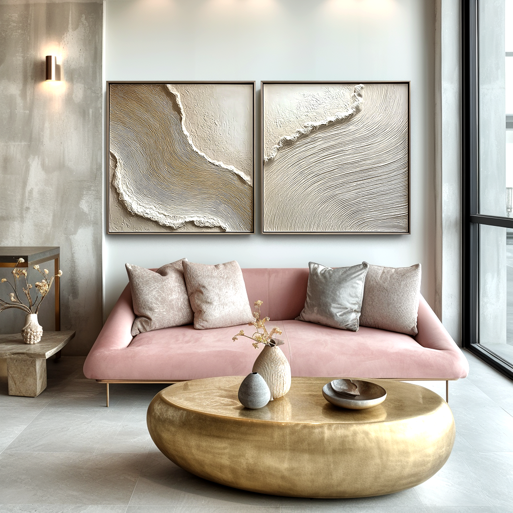 Acousart abstract coastal forest textured canvas wall art diptych in neutral beige tones