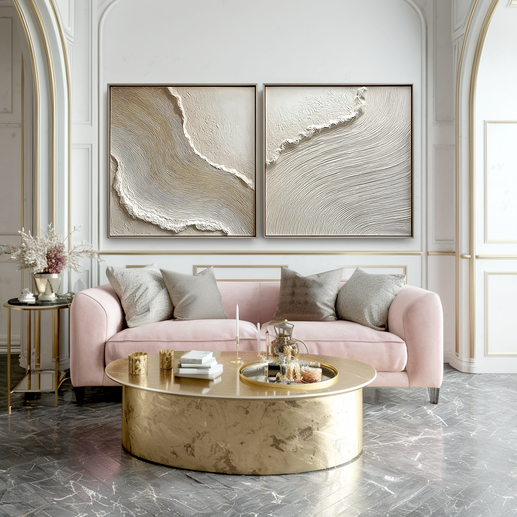 Acousart abstract coastal forest textured canvas wall art diptych in neutral beige tones