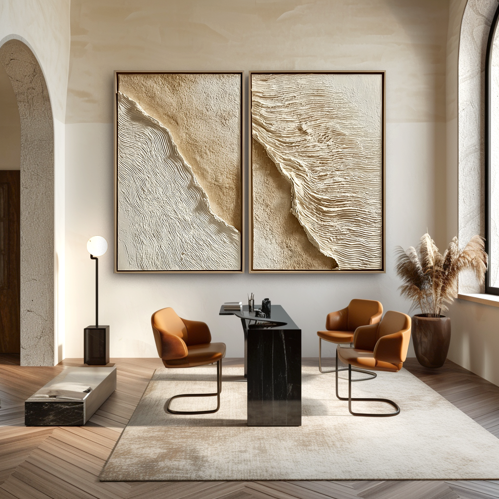 Acousart abstract coast 3D textured wall art diptych in neutral beige and white tones