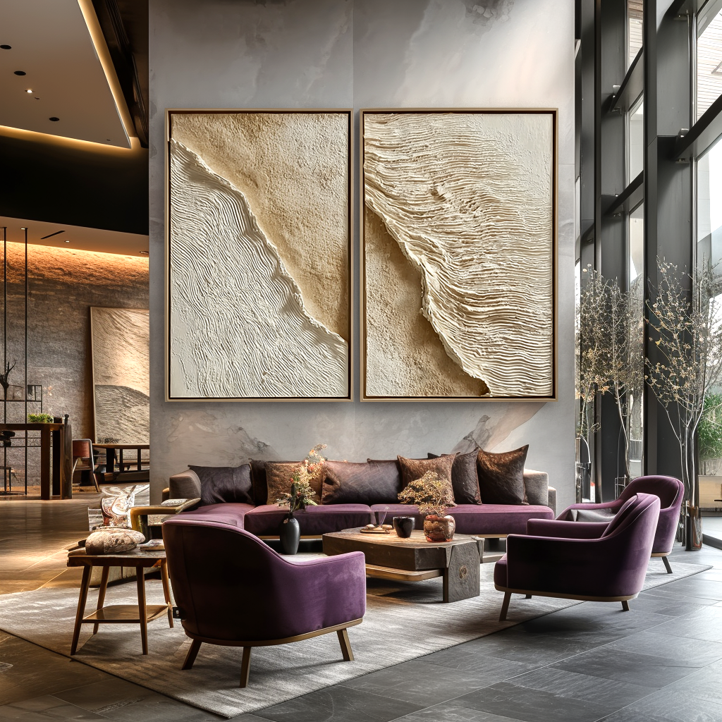 Acousart abstract coast 3D textured wall art diptych in neutral beige and white tones