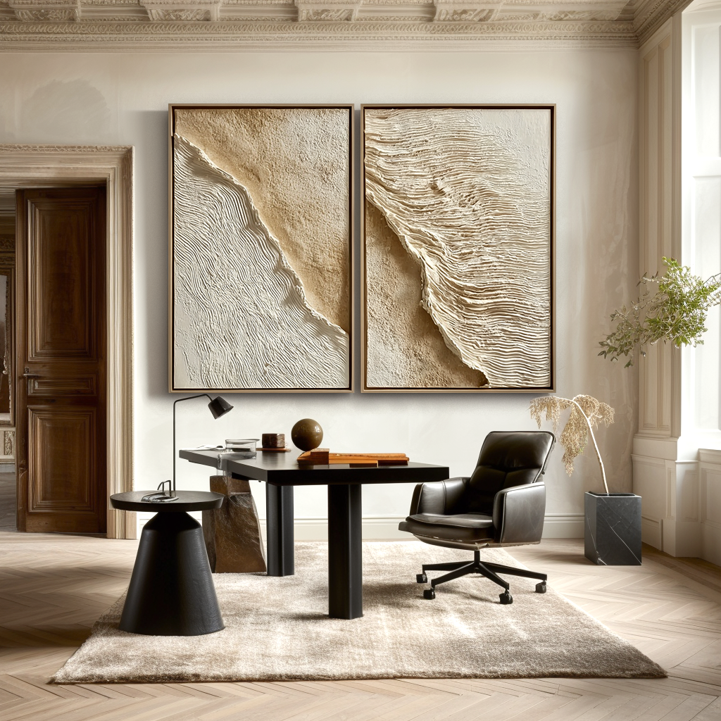 Acousart abstract coast 3D textured wall art diptych in neutral beige and white tones
