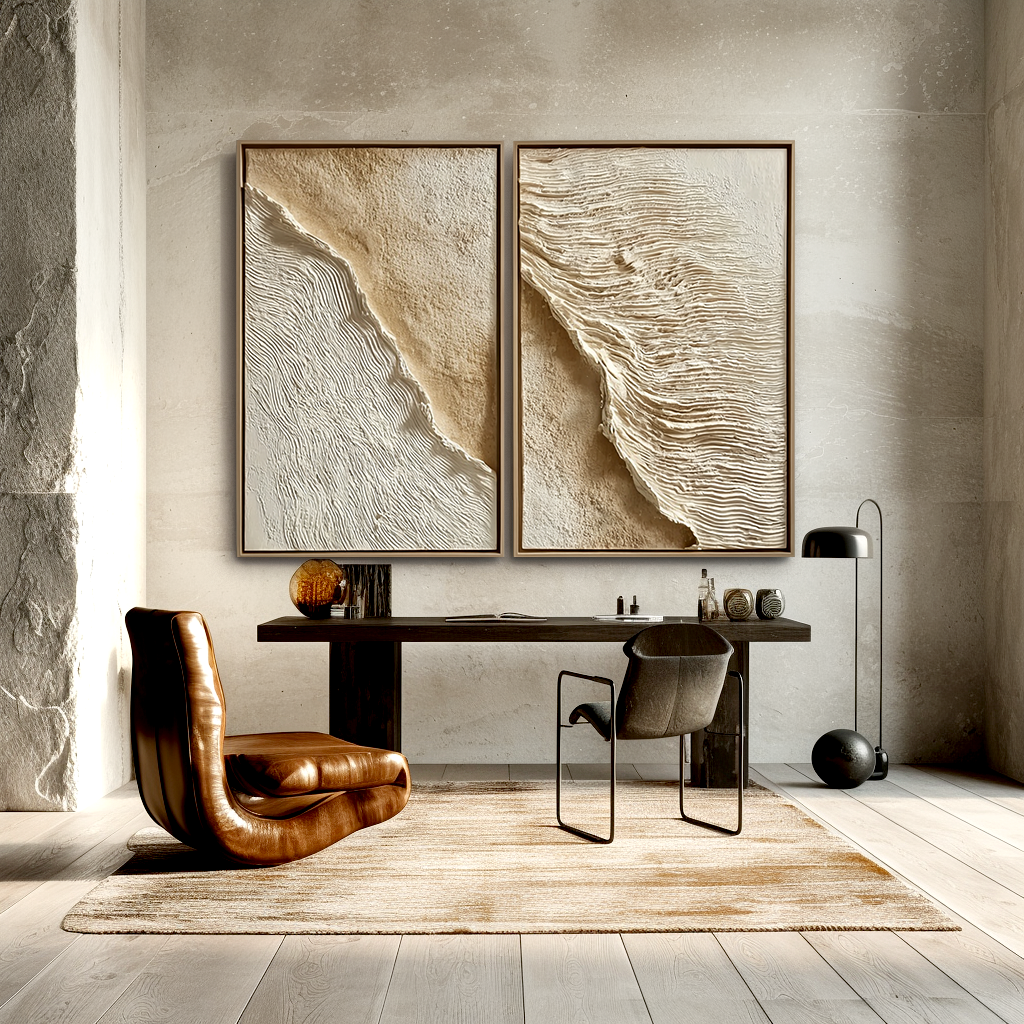 Acousart abstract coast 3D textured wall art diptych in neutral beige and white tones