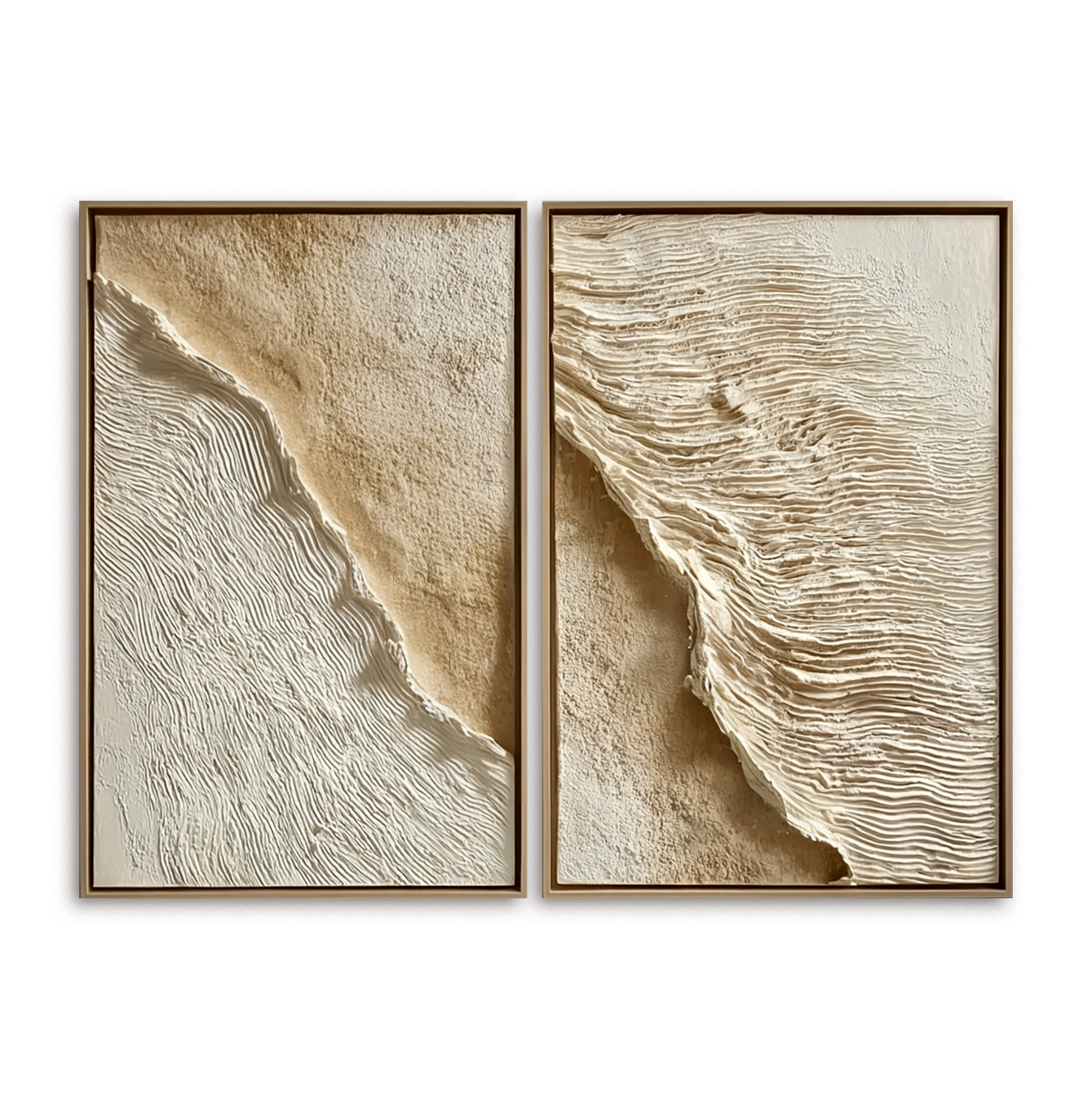 Acousart abstract coast 3D textured wall art diptych in neutral beige and white tones