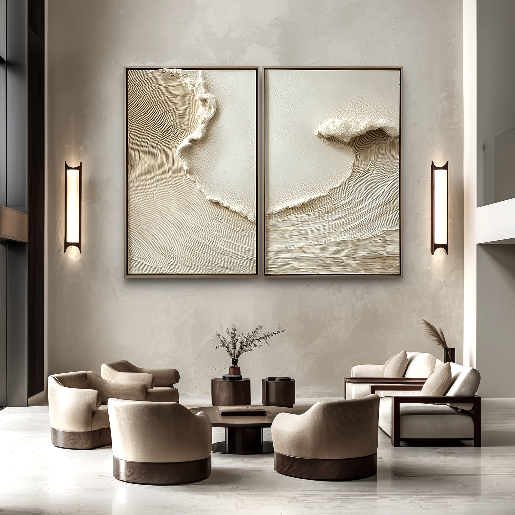 Abstract coast large coastal wall art diptych with textured ocean wave design in neutral tones