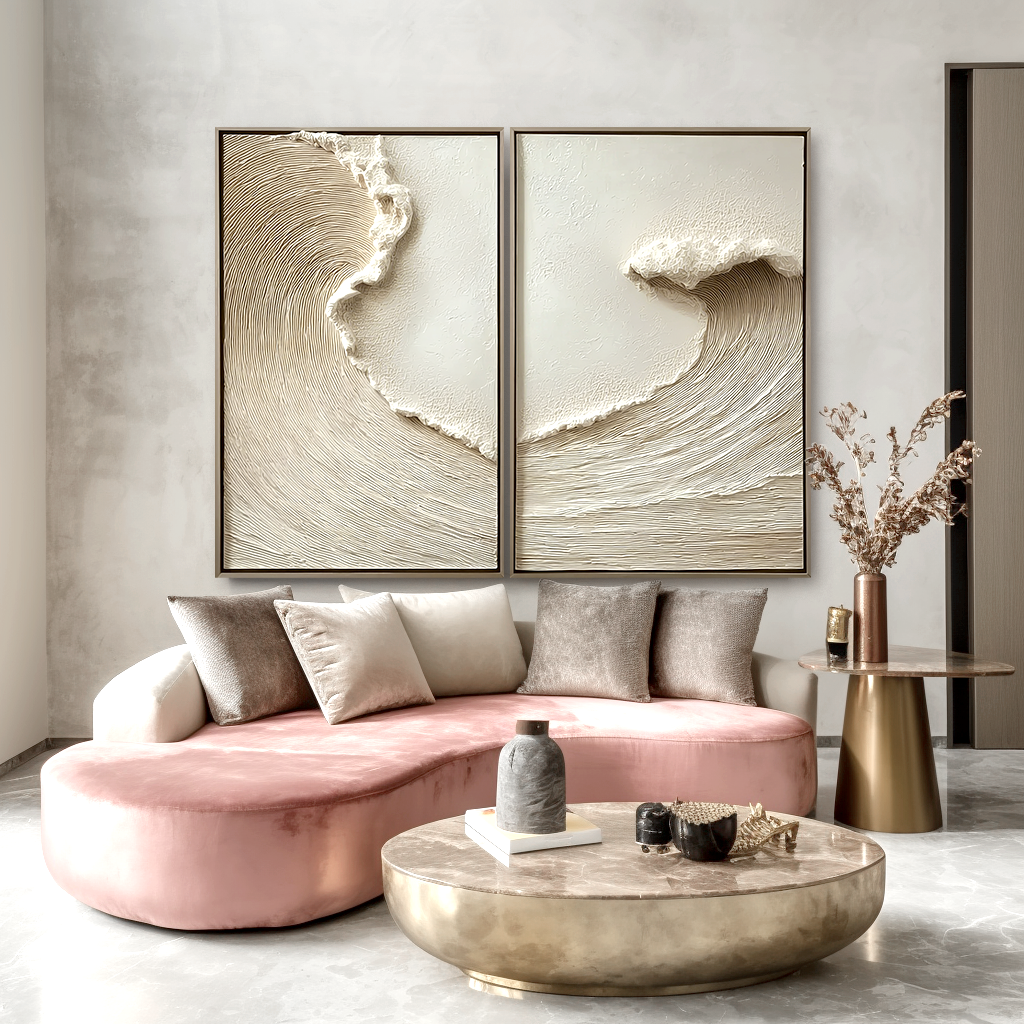 Abstract coast large coastal wall art diptych with textured ocean wave design in neutral tones