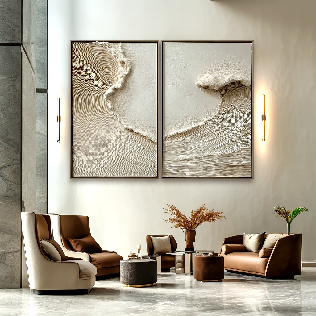 Abstract coast large coastal wall art diptych with textured ocean wave design in neutral tones