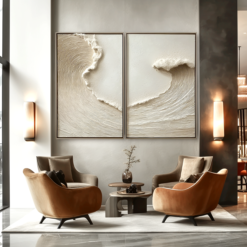 Abstract coast large coastal wall art diptych with textured ocean wave design in neutral tones
