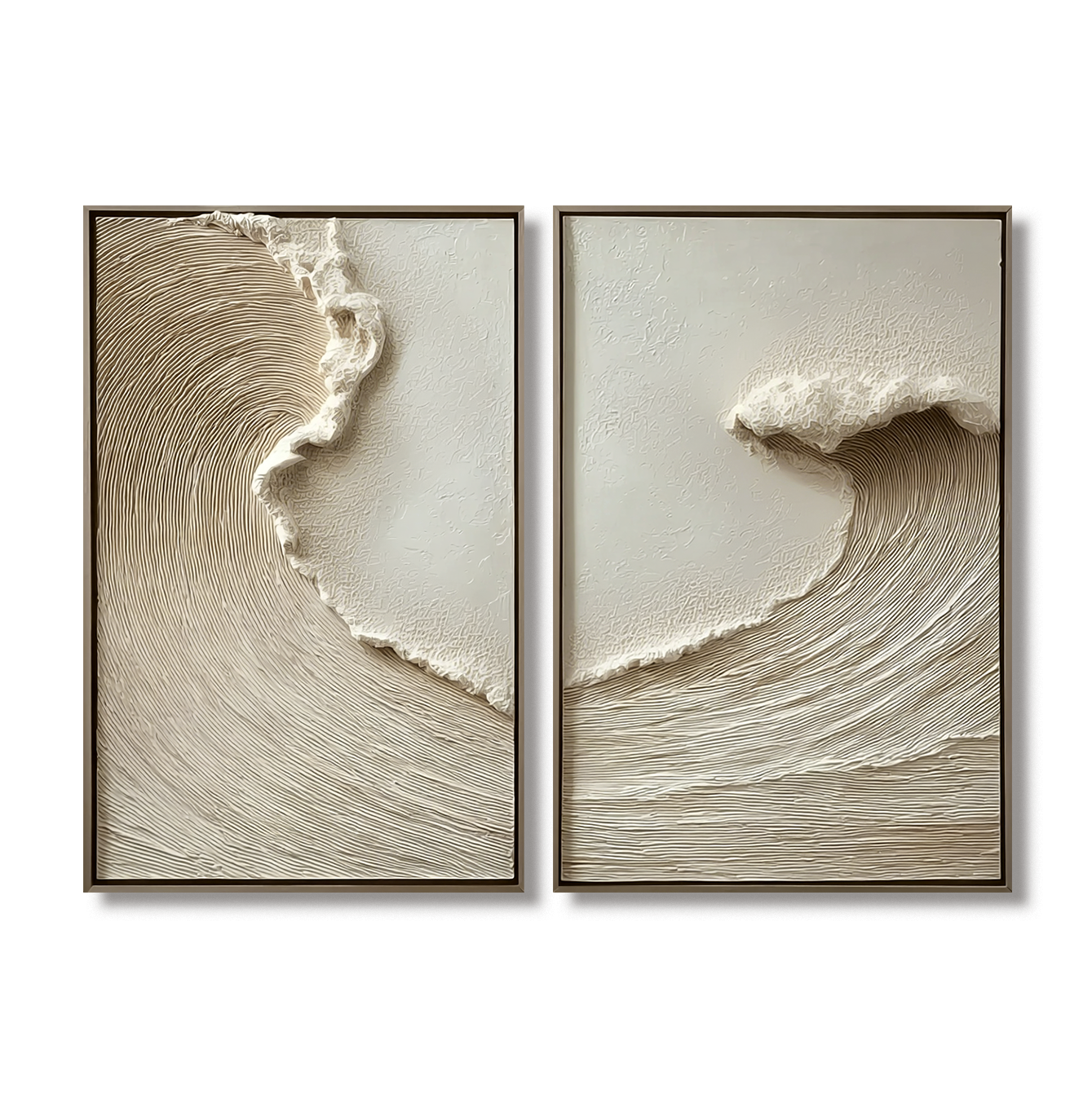Abstract coast large coastal wall art diptych with textured ocean wave design in neutral tones
