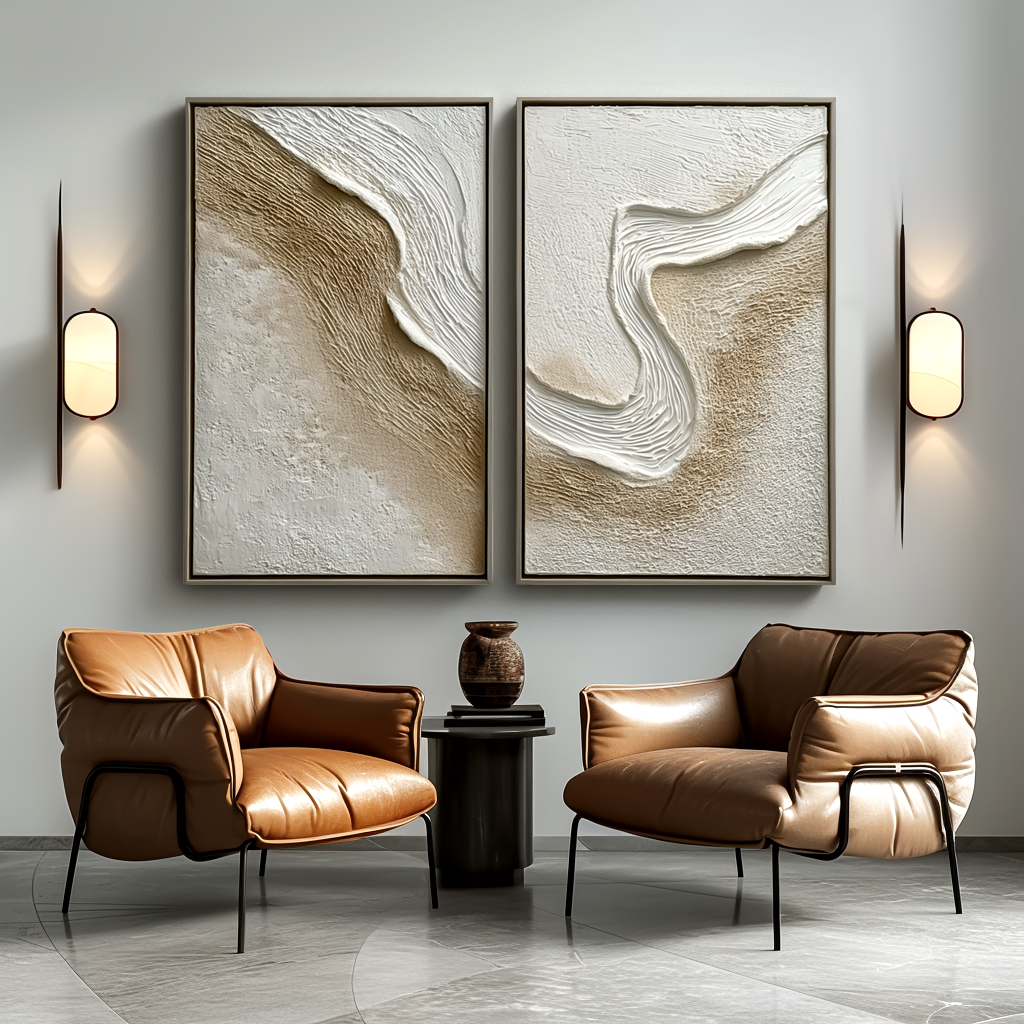 Abstract coast textured wall art canvas diptych with neutral tones and flowing design