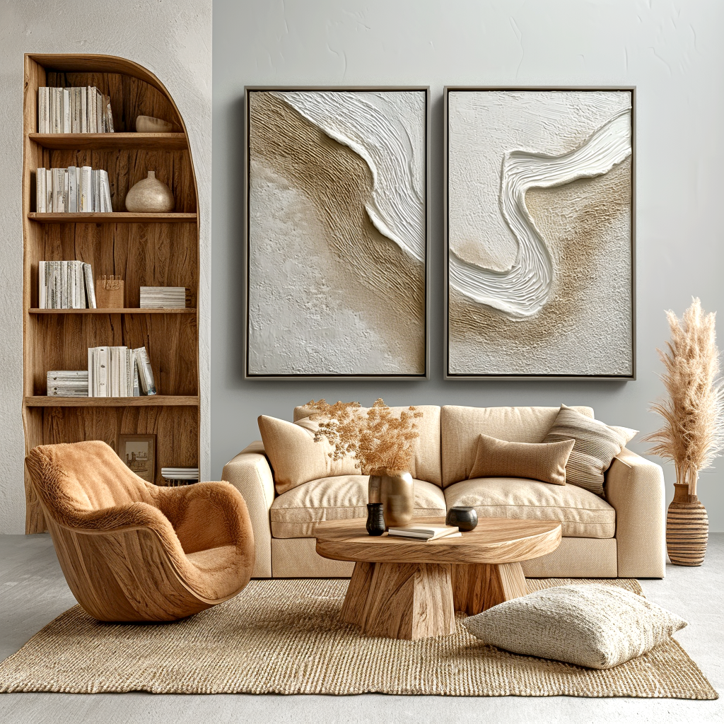 Abstract coast textured wall art canvas diptych with neutral tones and flowing design