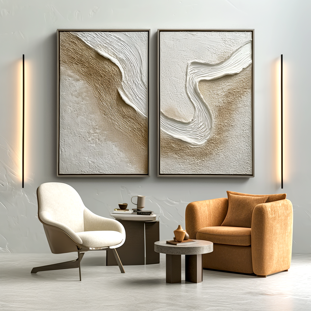 Abstract coast textured wall art canvas diptych with neutral tones and flowing design