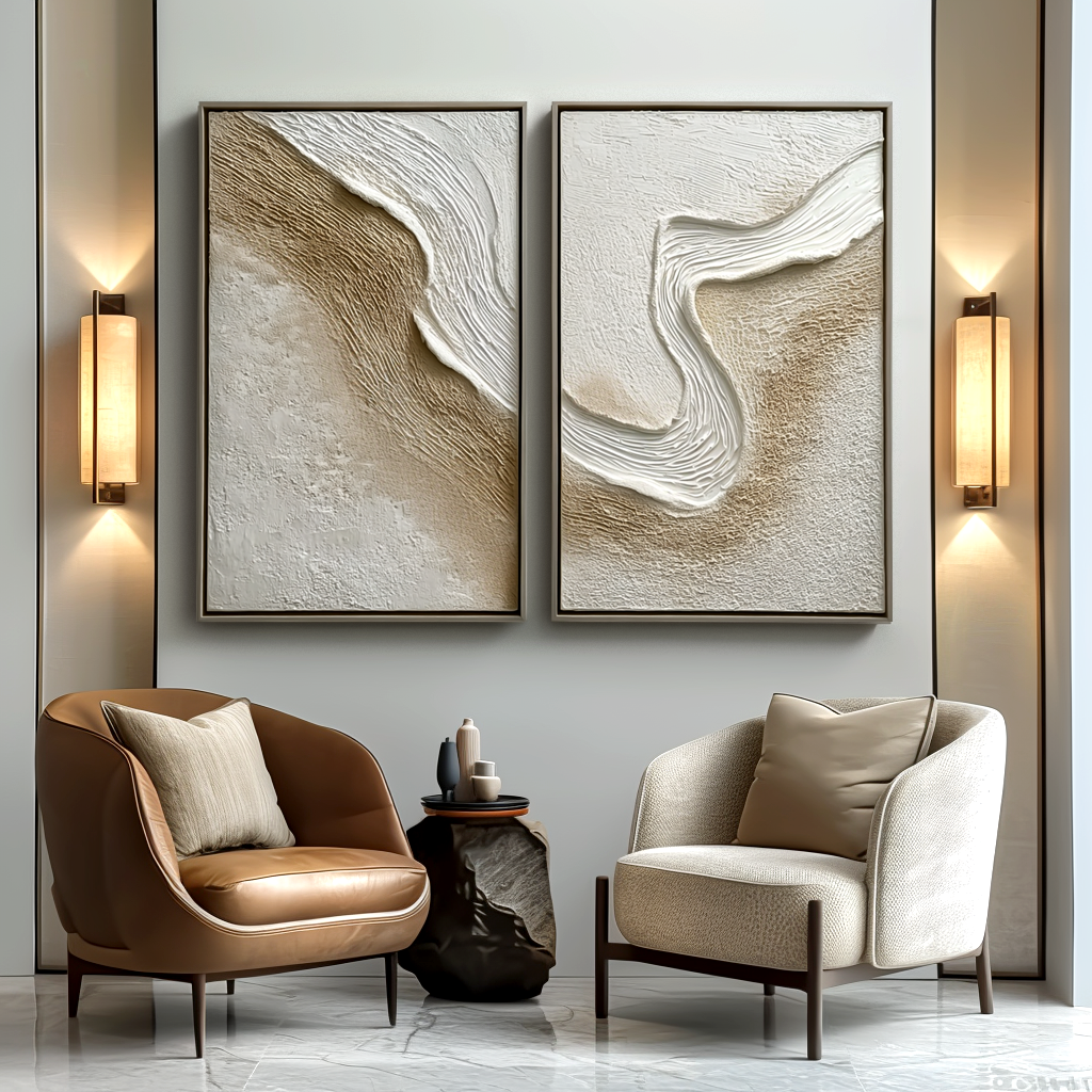 Abstract coast textured wall art canvas diptych with neutral tones and flowing design
