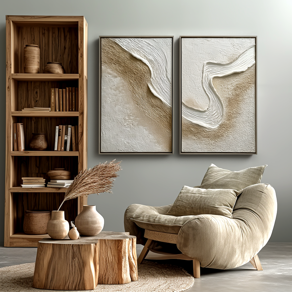 Abstract coast textured wall art canvas diptych with neutral tones and flowing design