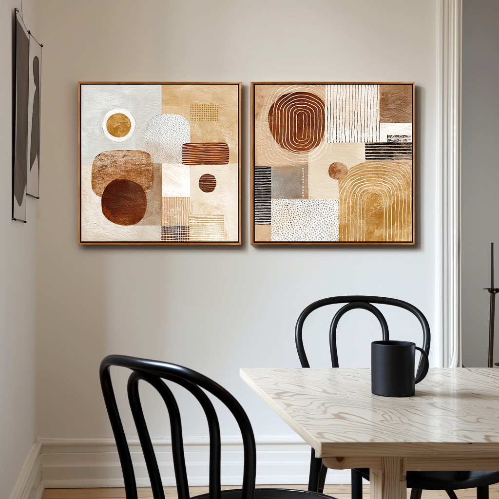 Abstract Scandinavian wall art diptych with geometric shapes and earthy tones