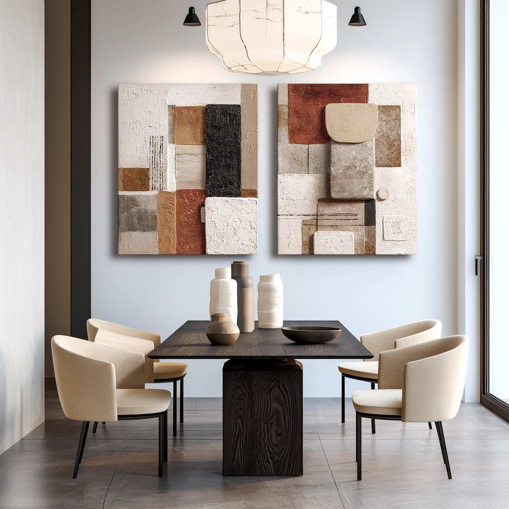 Geometric abstract textured canvas wall art diptych in warm neutral tones