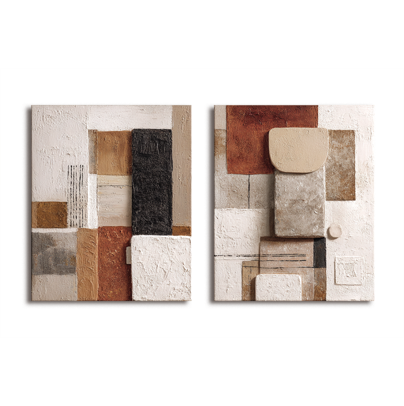 Geometric abstract textured canvas wall art diptych in warm neutral tones