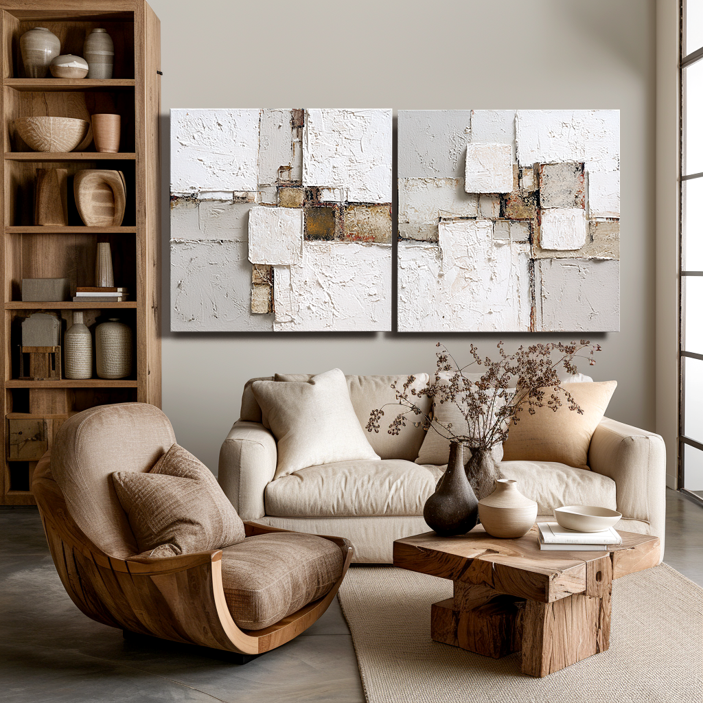 Abstract Fragments of Life modern minimalist art with textured geometric shapes in white and gray tones.