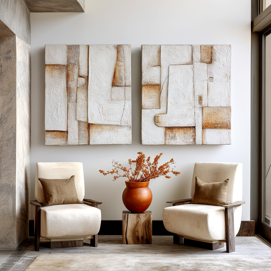 Abstract Fragments of Life contemporary modern abstract art with textured geometric shapes in neutral tones.